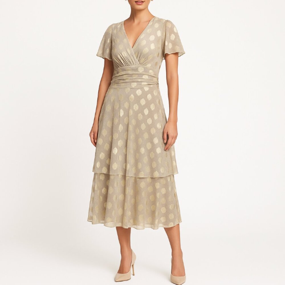 SLNY Metallic Polka Dot Tiered Chiffon Midi Dress Ruched Waist Champagne Gold 6